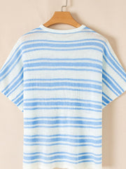 Boxy stripe knit t-shirt in light blue and white acrylic with short sleeves and crew neck.