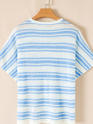 Boxy stripe knit t-shirt in light blue and white acrylic with short sleeves and crew neck.