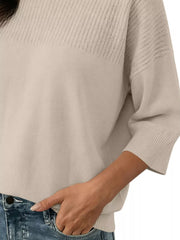 Elegant Crew Neck Eyelet Ribbed Sweater in Pink, view 18