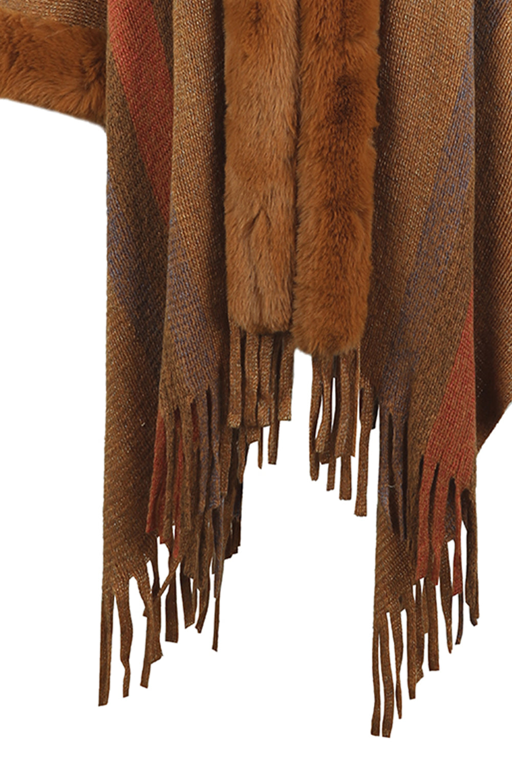 Textured stripe poncho in brown with faux fur trim and fringe detail