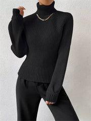 Black ribbed turtleneck sweater with a gold chain detail and long sleeves.