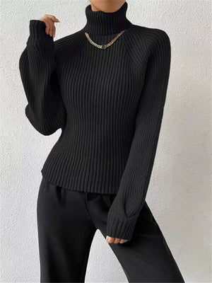 Black ribbed turtleneck sweater with a gold chain detail and long sleeves.