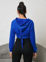 Royal blue cropped hoodie with corset detail and drawstring back