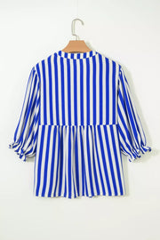 Blue and white striped shirt with balloon sleeves and ruffled cuffs