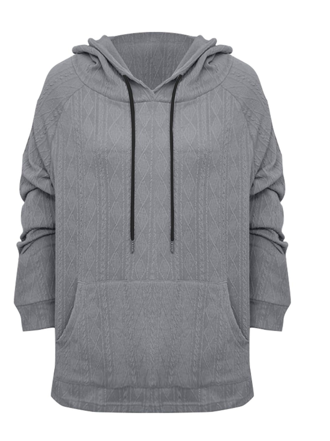 Dark gray textured knit raglan hoodie with drawstring and front pocket.