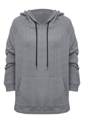 Dark gray textured knit raglan hoodie with drawstring and front pocket.