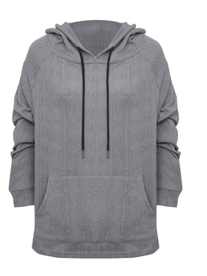 Dark gray textured knit raglan hoodie with drawstring and front pocket.