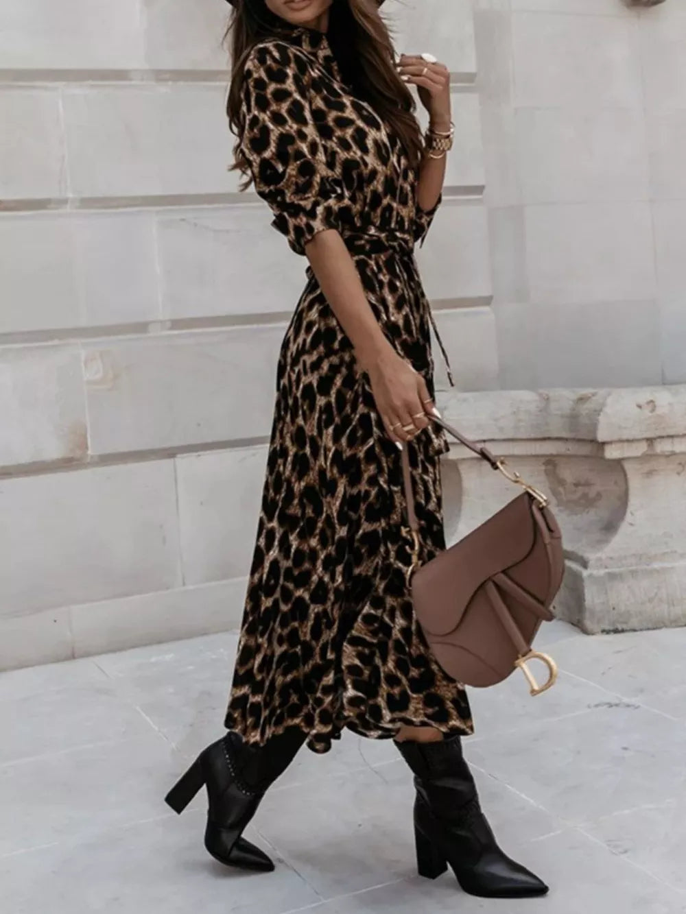 Leopard Print Button-down Midi Dress With Belt in regular leopard print, product detail