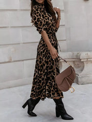 Leopard Print Button-down Midi Dress With Belt in regular leopard print, product detail