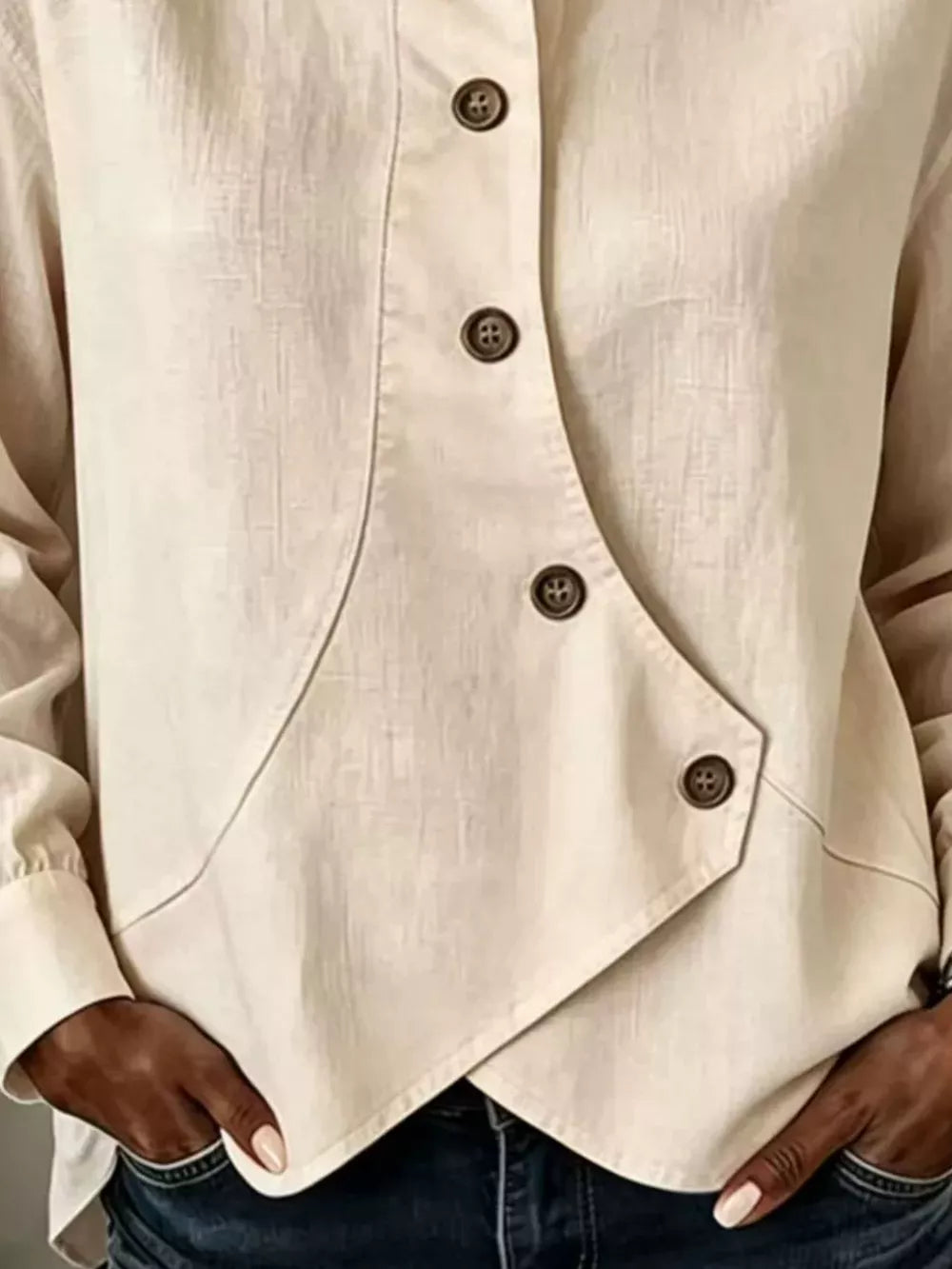 Full Size Asymmetrical Button Down Shirt in White, fabric detail