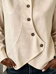 Full Size Asymmetrical Button Down Shirt in White, fabric detail