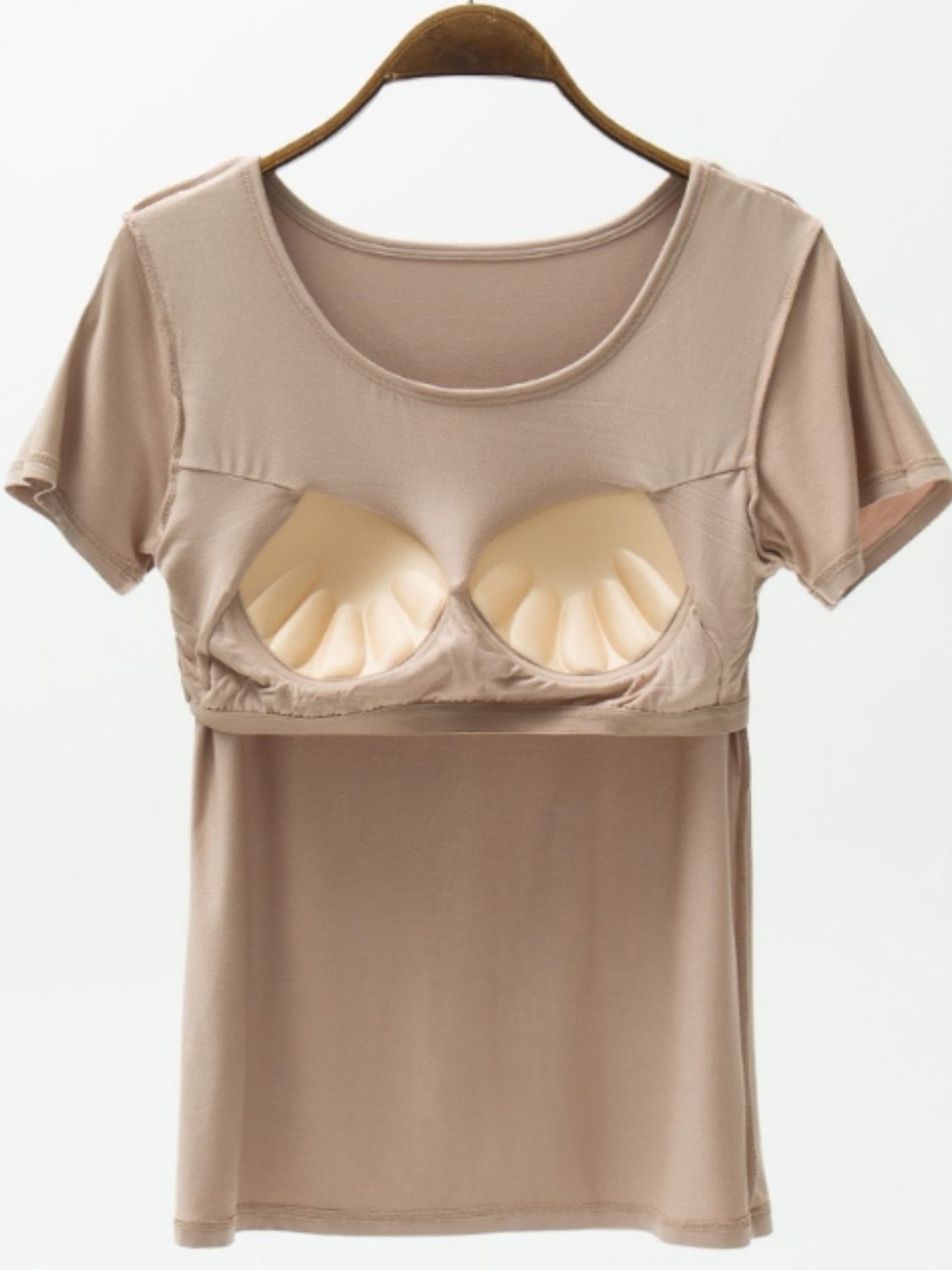 Khaki scoop neck tee with built-in bra cups and short sleeves.