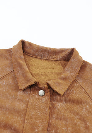 Washed cotton utility jacket in Caramel with a button closure and collar detail.
