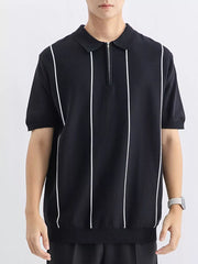 Black knit polo with white vertical stripes and zip neck.