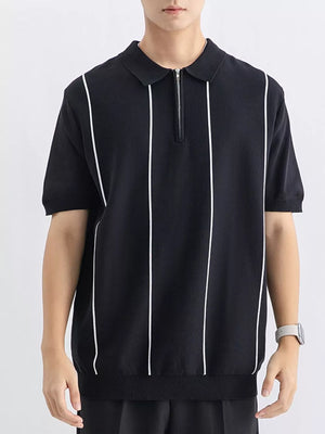 Black knit polo with white vertical stripes and zip neck.