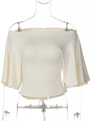 Apricot draped tie-front short sleeve maternity t-shirt with off-the-shoulder neckline.