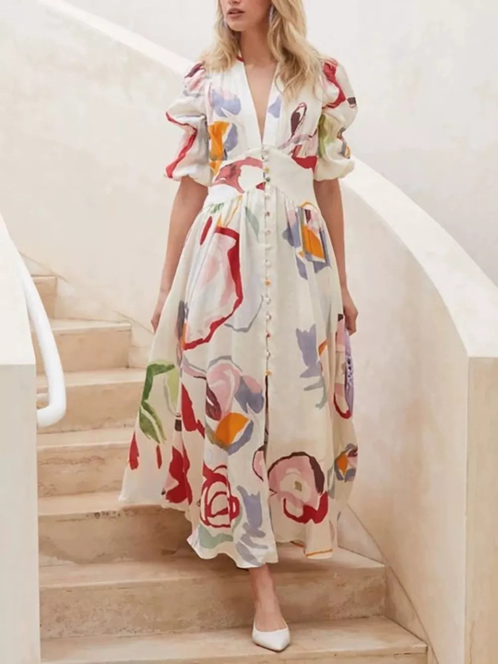 White abstract print midi dress with puff sleeves and button front.