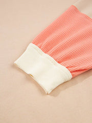 Color Block Textured Patchwork Pullover Sweatshirt in Watermelon pink, editorial view