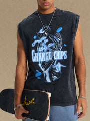 Black graphic sleeveless tee with vintage wash and blue neon-style print.
