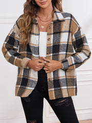 Oversized plaid shacket in camel, black, white, and brown with button closure.