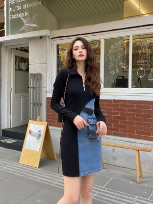 Black and blue denim patchwork mini dress with asymmetrical design and belt