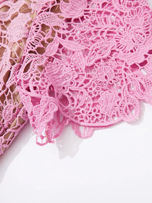 Pink lace midi dress with floral embroidery and scalloped hem detail.