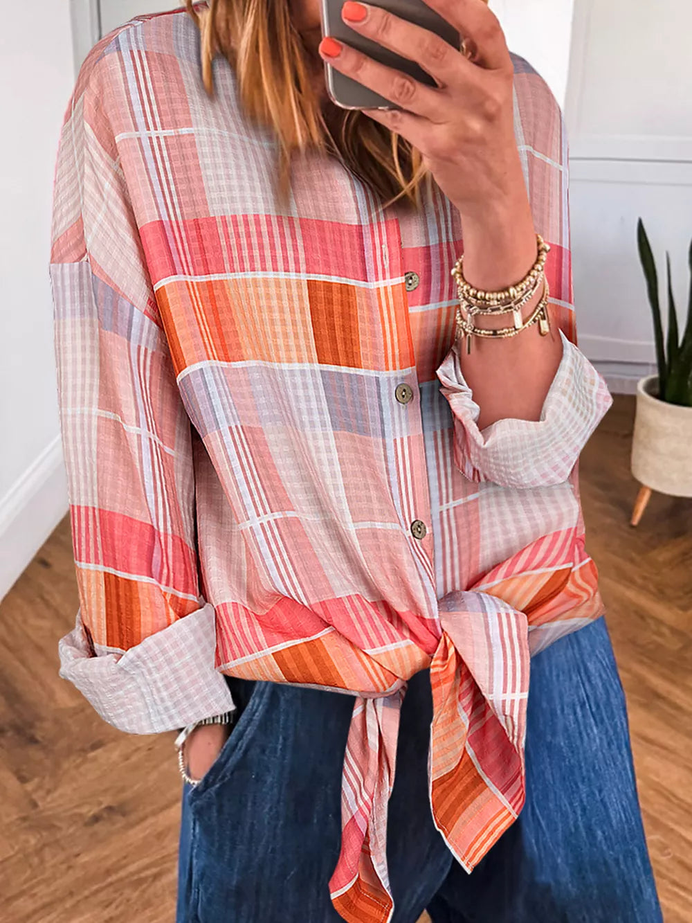 Oversized Check Tunic Shirt in Sherbet, front view