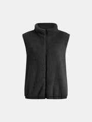 Black teddy fleece stand-collar vest with full zip closure and elasticated hem.