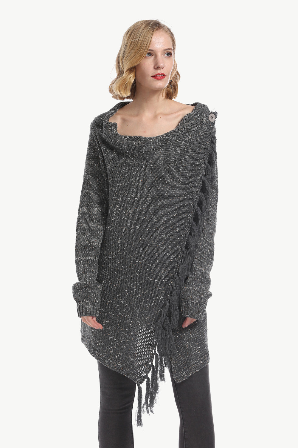 Asymmetric fringe knit cardigan in dark gray with a button detail and cowl neck.