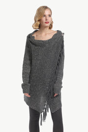Asymmetric fringe knit cardigan in dark gray with a button detail and cowl neck.