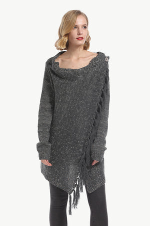 Asymmetric fringe knit cardigan in dark gray with a button detail and cowl neck.