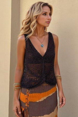 Black openwork crochet crossover tank top with V-neck