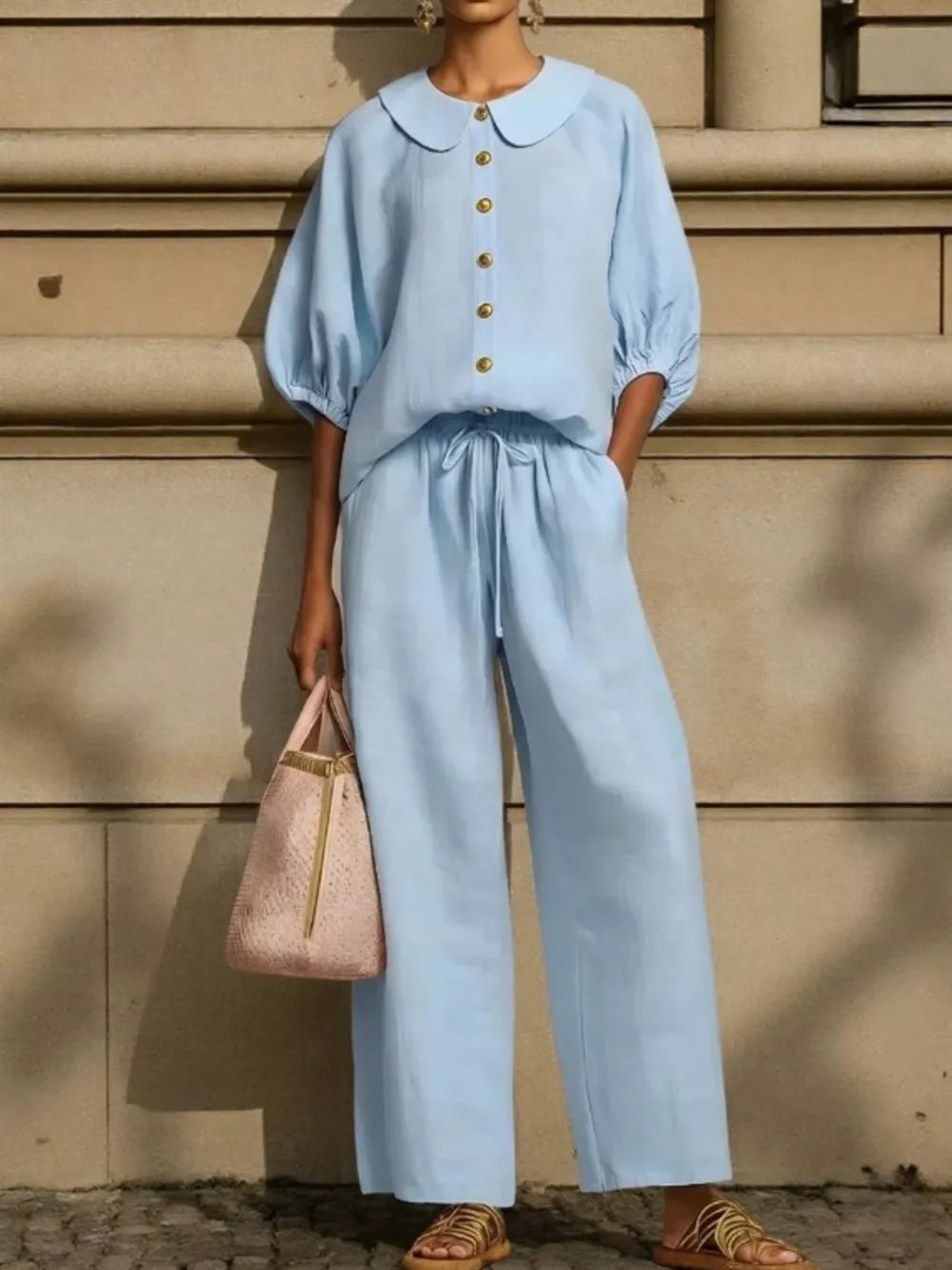 Sky blue button-down top with Peter Pan collar and drawstring pants set.