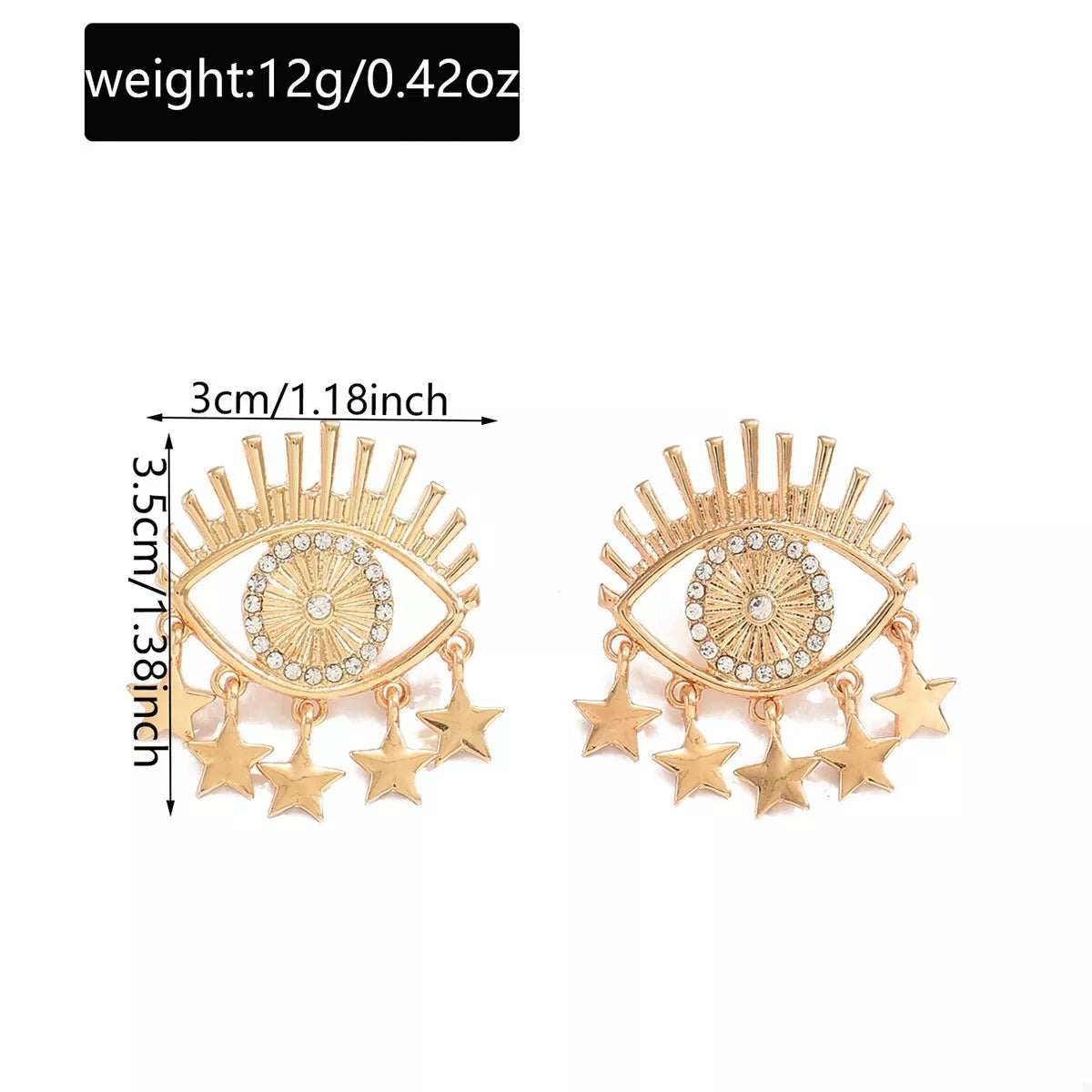 Gold evil eye dangle earrings with star charms, 18K gold-plated.