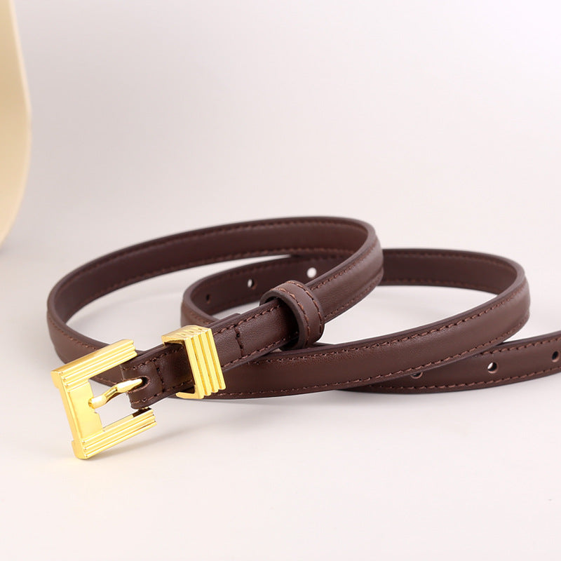 Skinny brown leather belt with gold buckle