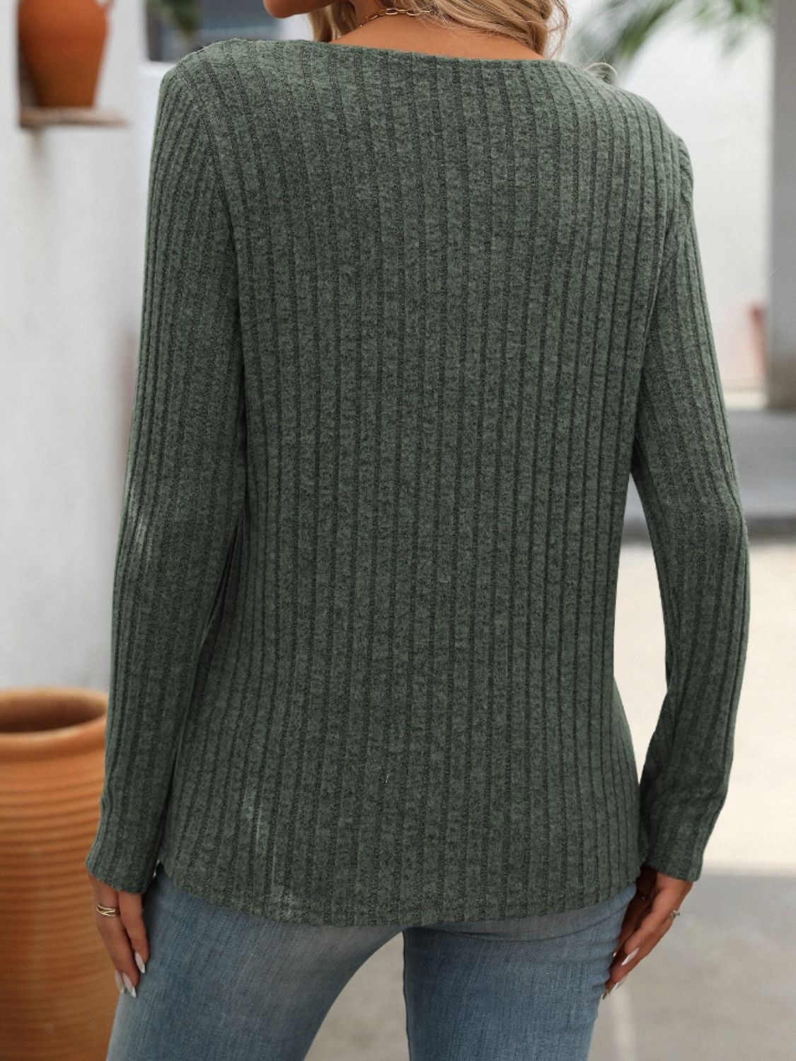 Keyhole ribbed knit henley top in army green with long sleeves.