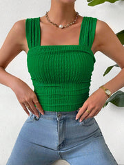 Green crinkle strap crop top with square neckline and ruched detail