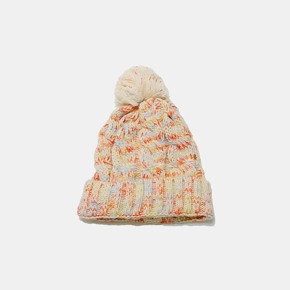 Textured knit beanie with pom in multi-color yarn and cable knit pattern.