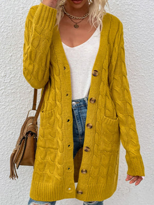 Mustard yellow cable knit button-down cardigan with pockets