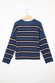 Striped Drop Shoulder Button Cardigan in Dusty Blue, editorial view