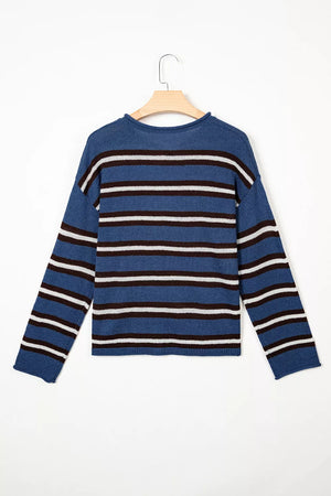 Striped Drop Shoulder Button Cardigan in Dusty Blue, editorial view