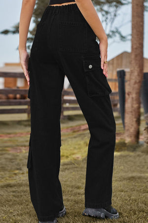 Black denim cargo pants with relaxed wide leg and utility pockets.