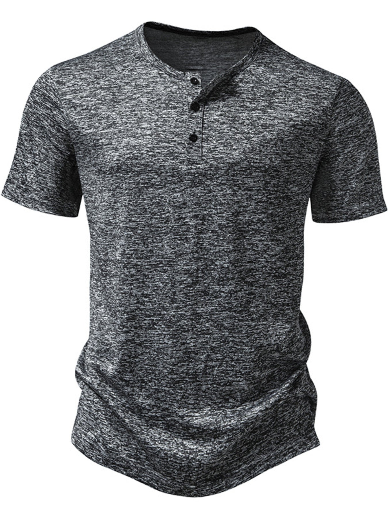 Men's dark gray mélange slim fit cotton henley tee with curved hem