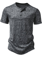 Men's dark gray mélange slim fit cotton henley tee with curved hem