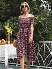 Burgundy floral off-shoulder midi dress with smocked bodice and high-low hem