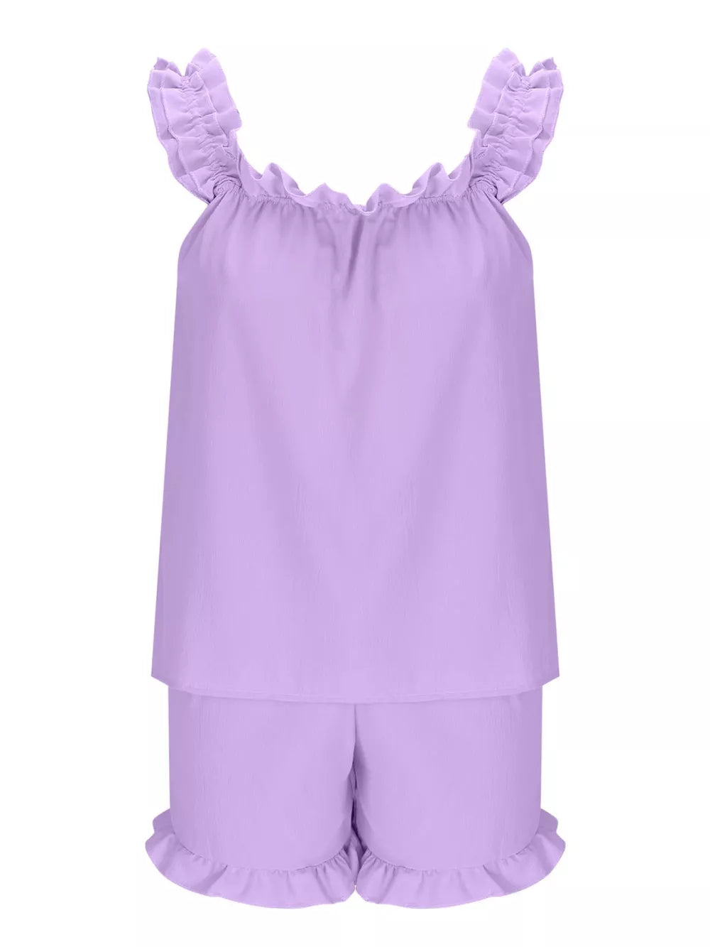 Ruffled two-piece pajama set in light purple polyester with ruffled neckline and leg openings.