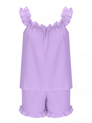 Ruffled two-piece pajama set in light purple polyester with ruffled neckline and leg openings.