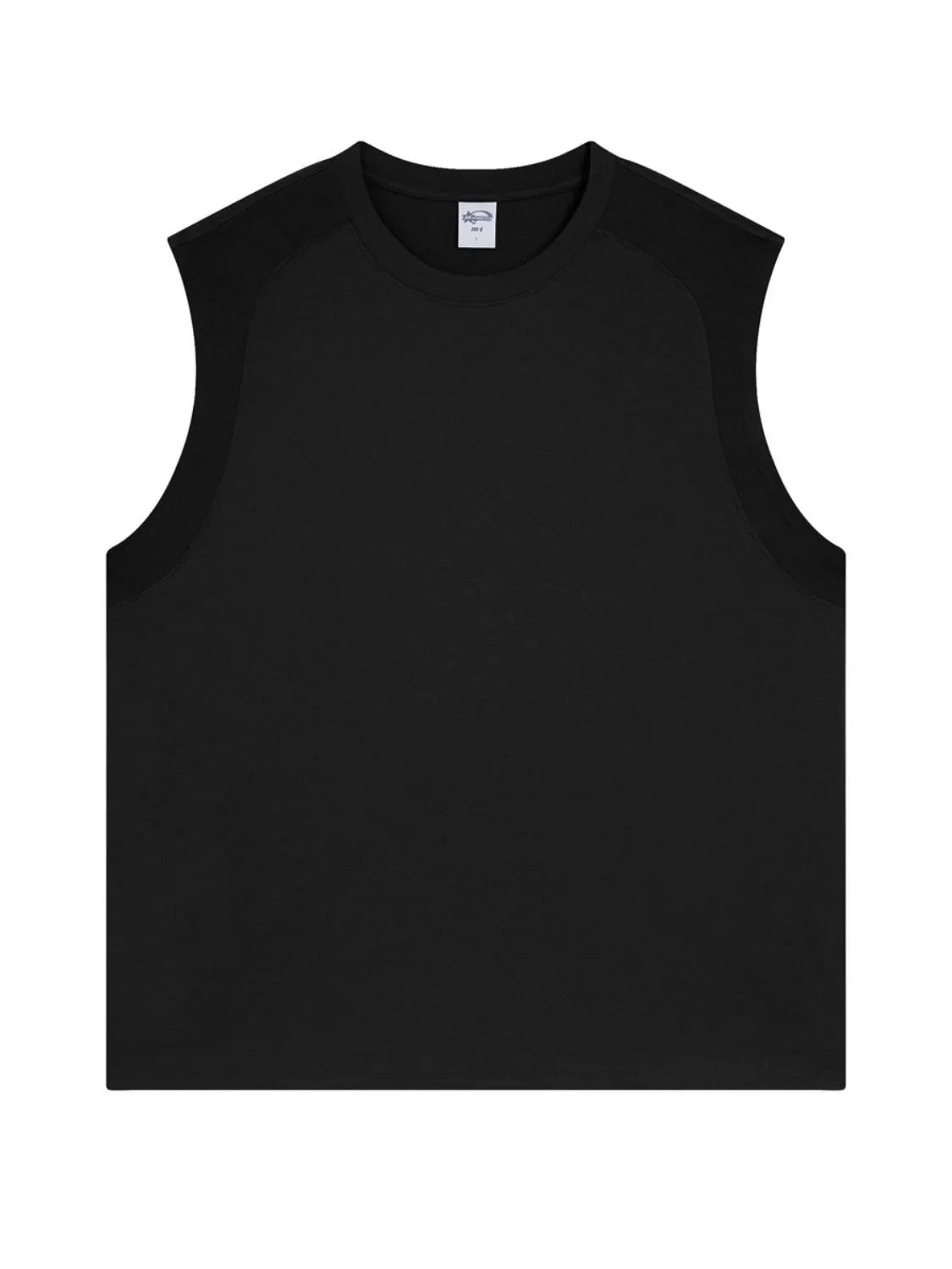 Black sleeveless shoulder-seam tank top with a crew neck.