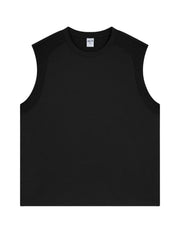 Black sleeveless shoulder-seam tank top with a crew neck.