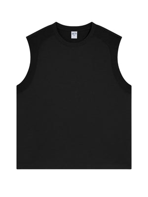Black sleeveless shoulder-seam tank top with a crew neck.